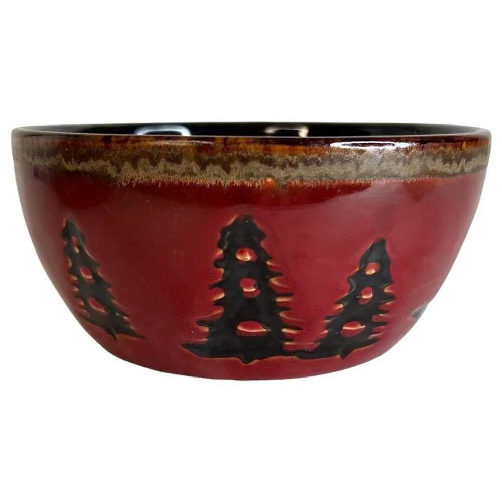 2 Woodland Home Studio Red Ceramic Cereal Bowls Bear & Pine Tree Design‎ Soup
